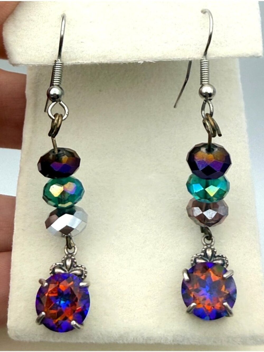 Vintage Y2K Dangle Earrings 925 Sterling Silver AB Crystal Vitrail Thailand